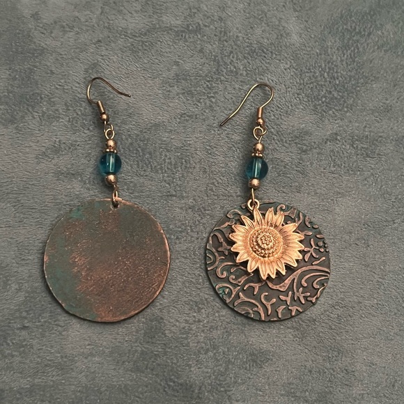 Sunflower Embossed Bronze and Teal earrings - Picture 3 of 6